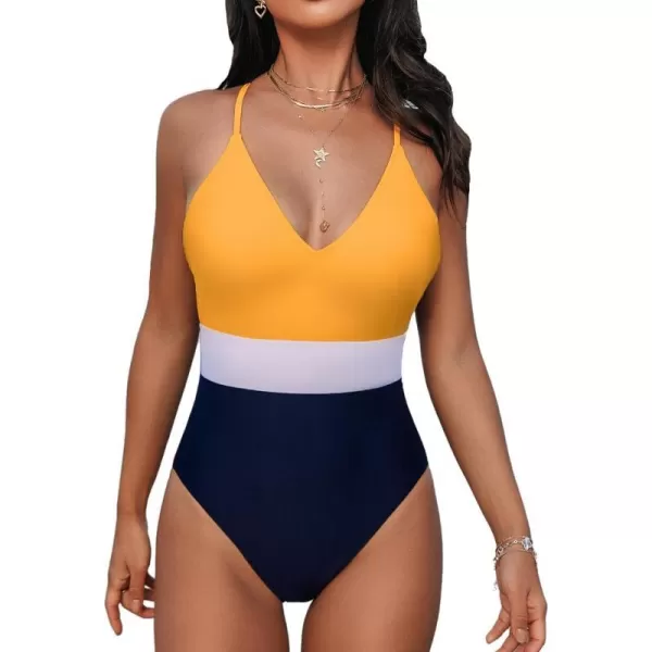 imageCUPSHE One Piece Swimsuit for Women Bathing Suits Deep V Neck Crisscross Back Color BlockYellowNavy Blue