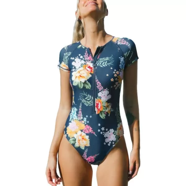 imageCUPSHE One Piece Swimsuit for Women Mock Neck Zipper Short Sleeve Bathing SuitNavy Blue Floral
