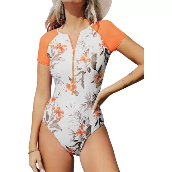 imageCUPSHE One Piece Swimsuit for Women Mock Neck Zipper Short Sleeve Bathing SuitOrange Tropical
