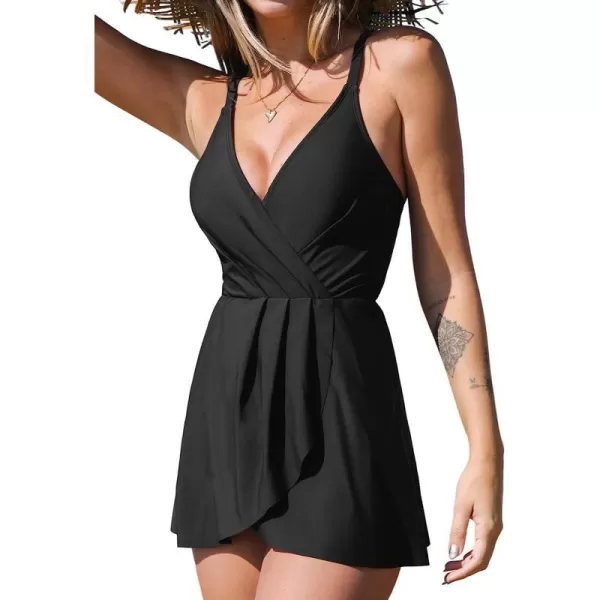 imageCUPSHE One Piece Swimsuit for Women Tummy Control Swim Dress Crisscross Ruched Skirted Bathing Suits with BottomBlack