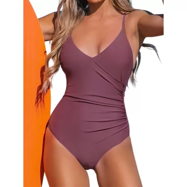 imageCUPSHE One Piece Swimsuits for Women Ruched V Neck Crosscriss Self Tie U BackBurgundy Red