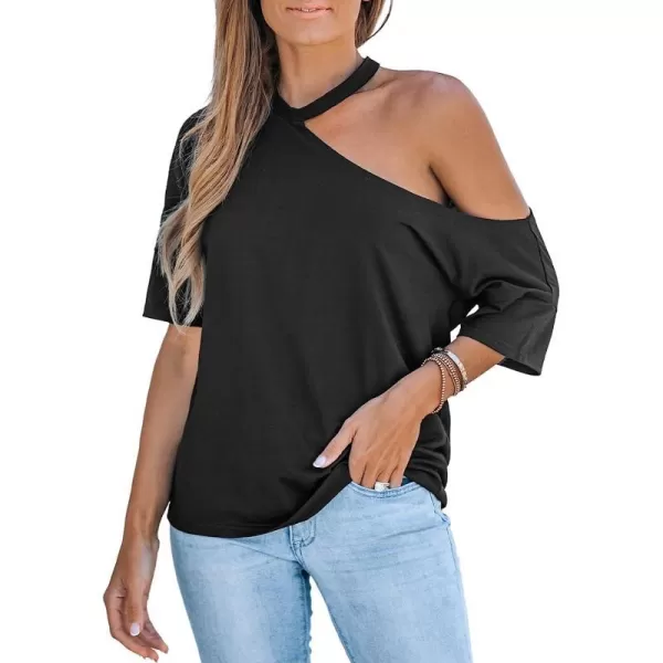 imageCUPSHE OpenShoulder Short Sleeve Tee Shirts Cold Shoulder Tops Casual SexyBlack