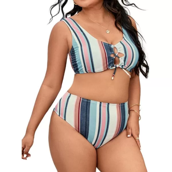 imageCUPSHE Plus Size Bikini Set Women Swimsuit Two Piece Swimsuit Lace Up Tank Top Striped High Waisted BottomBlueWhiteRed Stripe