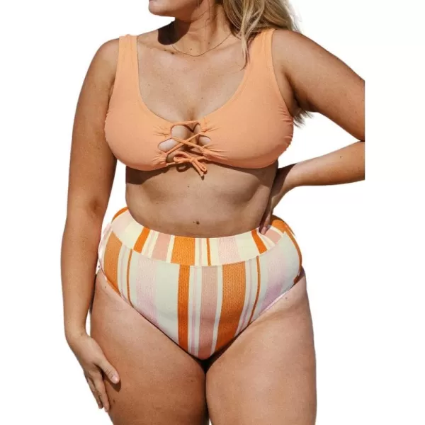 imageCUPSHE Plus Size Bikini Set Women Swimsuit Two Piece Swimsuit Lace Up Tank Top Striped High Waisted BottomLight Orange Stripe