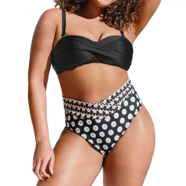 imageCUPSHE Plus Size Bikini Set for Women Bathing Suits High Waisted V Neck Twist Adjustable Straps Back Self Tie V Cut BottomBlack Floral