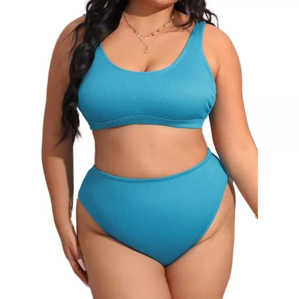 imageCUPSHE Plus Size Bikini Set for Women Two Pieces Swimsuit High Waisted Scoop Neck Adjustable Straps Back Hook Push Up RibbedCerulean Blue