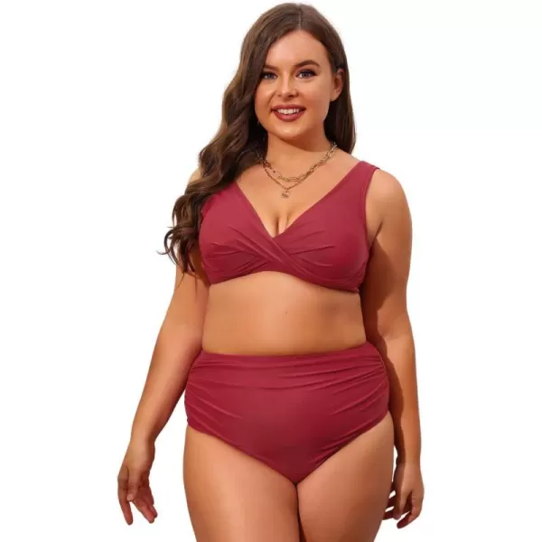 imageCUPSHE Plus Size Bikini Swimsuits for Women Two Piece Bathing Suit Ruched High Waisted Lace Up Back Wrap FrontRed