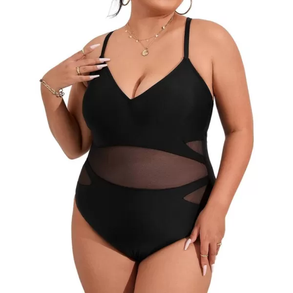 imageCUPSHE Plus Size One Piece Swimsuit for Women Bathing Suit Crisscross Back Tie Spaghetti Straps Mesh Cutout Cheeky BottomBlack