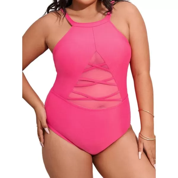imageCUPSHE Plus Size Swimsuit Women One Piece Swimsuit High Neck Low Back Mesh Adjustable Straps Bathing SuitRose Red