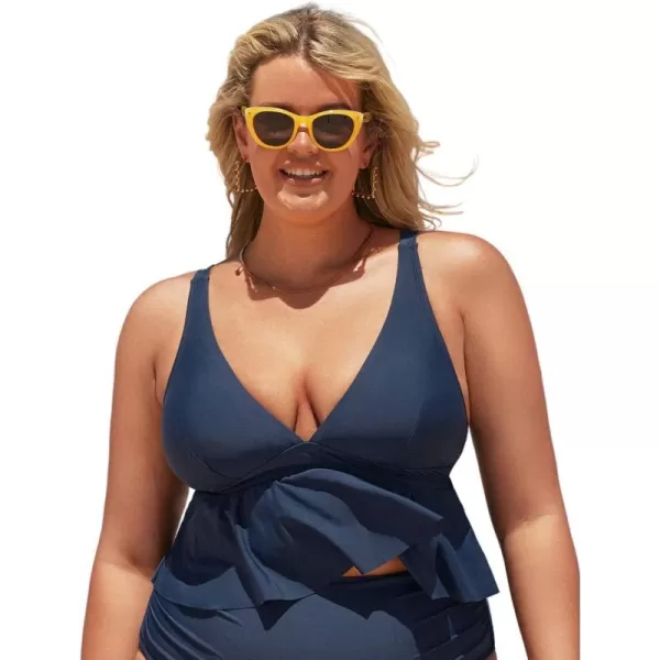 imageCUPSHE Plus Size Swimsuit Women Tankini Top Deep V Neck Ruffle Adjustable Straps Swimwear No BottomNavy