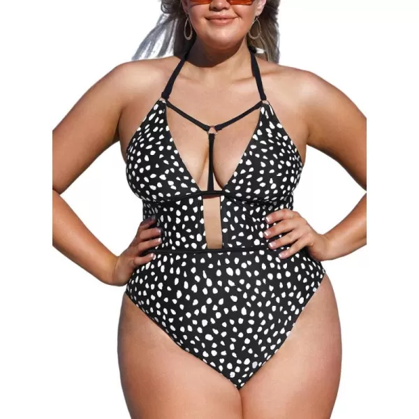 imageCUPSHE Plus Size Swimsuit for Women One Piece Bathing Suit Halter Cutout Strappy Irregular Dots PrintBlack