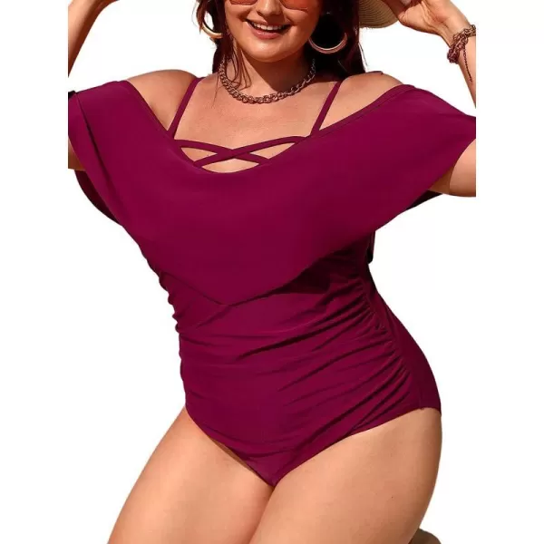 imageCUPSHE Plus Size Swimsuit for Women One Piece Bathing Suit Off Shoulder Ruffle Trim Ruched Tummy Control SwimwearBurgundy Red