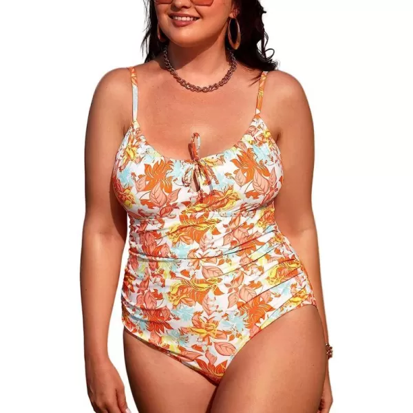 imageCUPSHE Plus Size Swimsuit for Women One Piece Bathing Suit Off Shoulder Ruffle Trim Ruched Tummy Control SwimwearOrange Floral Print