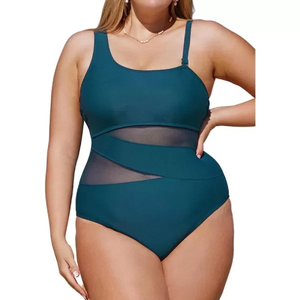 imageCUPSHE Plus Size Swimsuit for Women One Piece Bathing Suit One Shoulder Mesh Removable Straps SwimwearCyan Blue