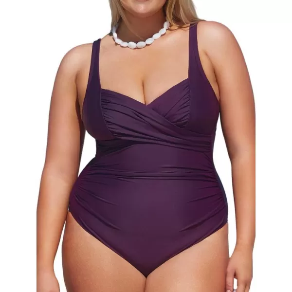 imageCUPSHE Plus Size Swimsuit for Women One Piece Bathing Suit Ruched Tummy Control Floral Adjustable Strap SwimwearDark Purple
