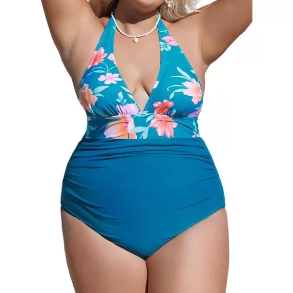 imageCUPSHE Plus Size Swimsuit for Women One Piece Bathing Suit Ruched Tummy Control Halter Back Tie Floral SwimwearBlue and Floral