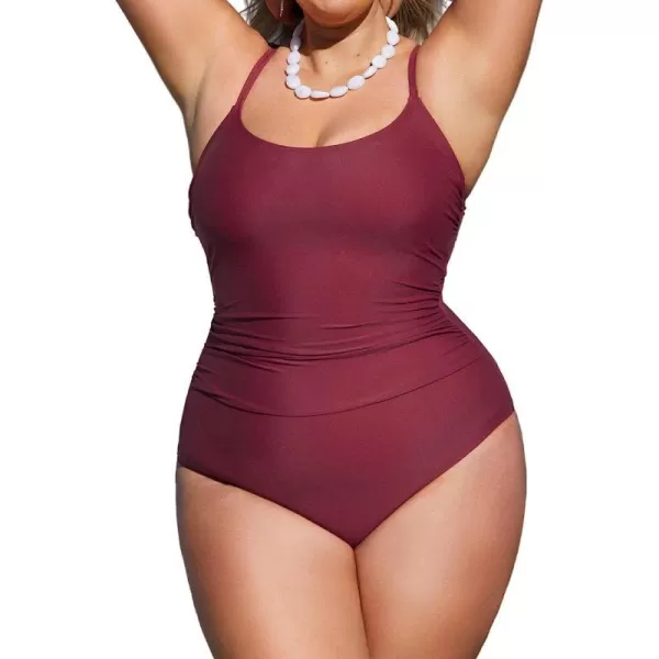imageCUPSHE Plus Size Swimsuit for Women One Piece Bathing Suit Ruched Tummy Control ORing Cutout Adjustable StrapsWine Red