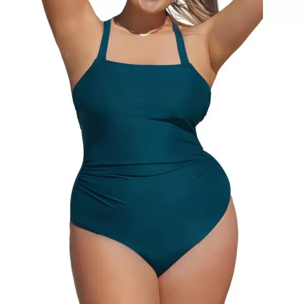 imageCUPSHE Plus Size Swimsuit for Women One Piece Bathing Suit Ruched Tummy Control Strappy Cross BackDark Cyan