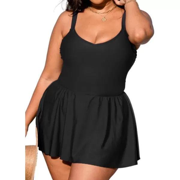 imageCUPSHE Plus Size Swimsuit for Women One Piece Bathing Suit Scoop Neck Ruffled Swim Dress Adjustable StrapsBlack
