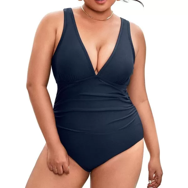 imageCUPSHE Plus Size Swimsuit for Women One Piece Bathing Suit Tummy Control Deep V Neck Ruching Self TieBlack