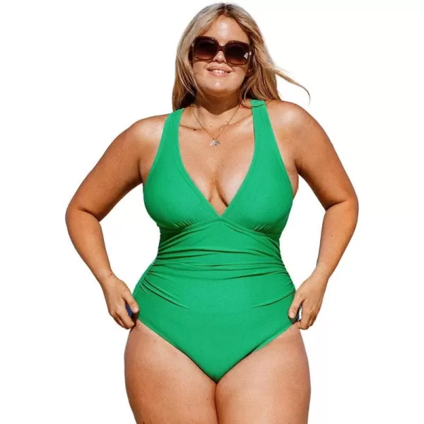 imageCUPSHE Plus Size Swimsuit for Women One Piece Bathing Suit Tummy Control Deep V Neck Ruching Self TieGreen