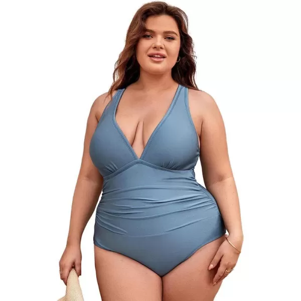 imageCUPSHE Plus Size Swimsuit for Women One Piece Bathing Suit Tummy Control Deep V Neck Ruching Self TieLight Blue