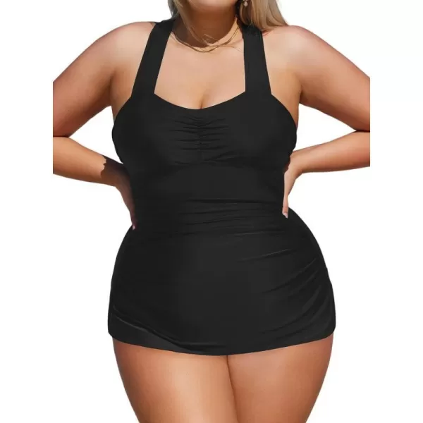 imageCUPSHE Plus Size Swimsuit for Women One Piece Bathing Suit Tummy Control Halter Ruched Full Coverage with Back HookBlack