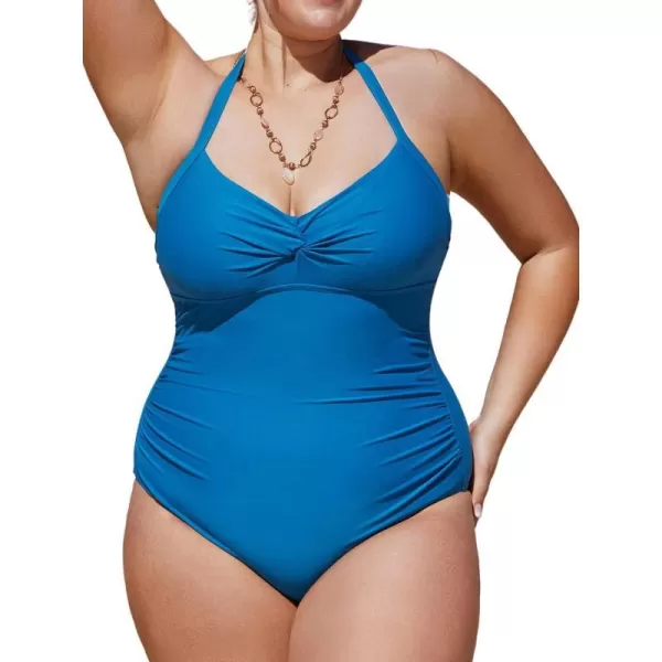 imageCUPSHE Plus Size Swimsuit for Women One Piece Bathing Suit Twisted Ruched Tummy Control Halter Back TieBlue