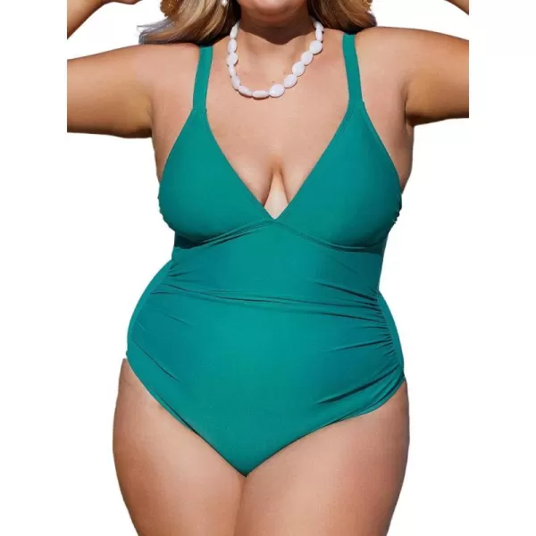 imageCUPSHE Plus Size Swimsuit for Women One Piece Bathing Suit V Neck Ruched Tummy Control SwimwearTeal