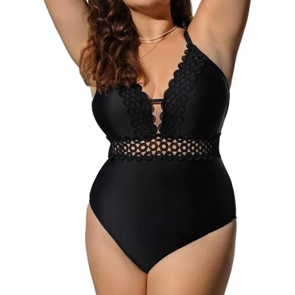 imageCUPSHE Plus Size Swimsuit for Women One Piece Bathing Suits Plunge V Neck Lace Scalloped Strappy Crisscross SwimwearBlack
