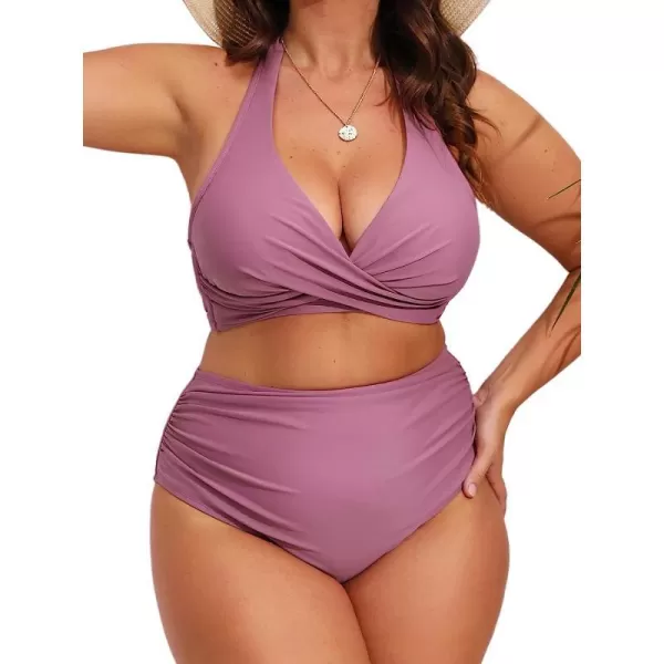 imageCUPSHE Plus Size Swimsuits for Women Two Piece Bathing Suit High Waisted Bikini Ruched Halter Wrap FrontPurple