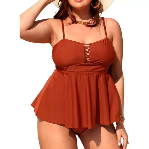 imageCUPSHE Plus Size Tankini Swimsuits for Women Two Piece Bathing Suit Mid Rise Scoop Neck Crisscross Front Ruffle HemDark Orange