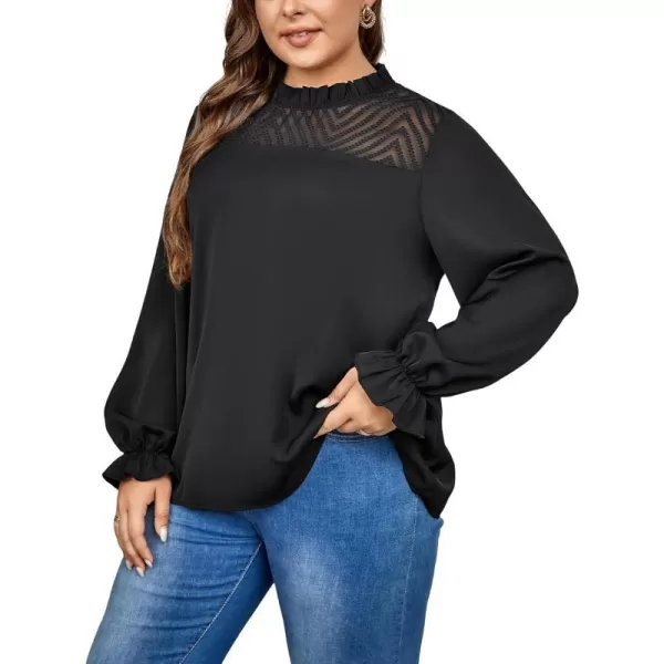 imageCUPSHE Plus Size Tops for Women Casual Loose Blouse Hollow Out Puff Long Sleeve ShirtsBlack