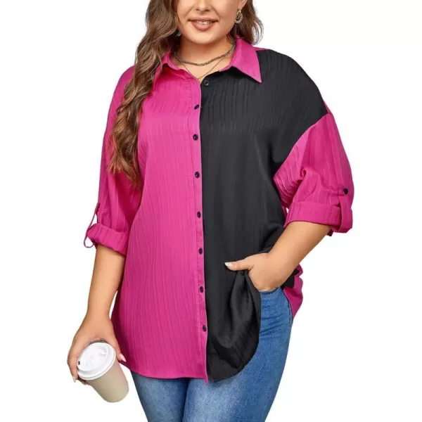 imageCUPSHE Plus Size Tops for Women Long Sleeve Loose Blouse Button Down Shirts Color Block Casual TunicsBlack  Rose Red