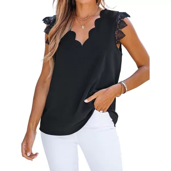 imageCUPSHE Scalloped VNeck Top Sleeveless Tank Shirts Lace Shirts CasualBlack