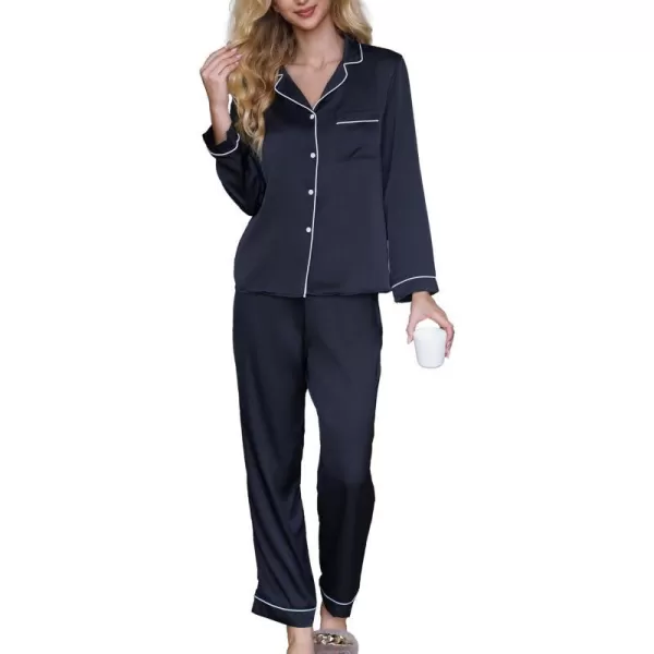 imageCUPSHE Silk Pajamas for Women Satin Sleepwear Long Sleeve Loungewear Silky Button Down Pjs SetBlack