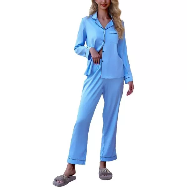 imageCUPSHE Silk Pajamas for Women Satin Sleepwear Long Sleeve Loungewear Silky Button Down Pjs SetBlue