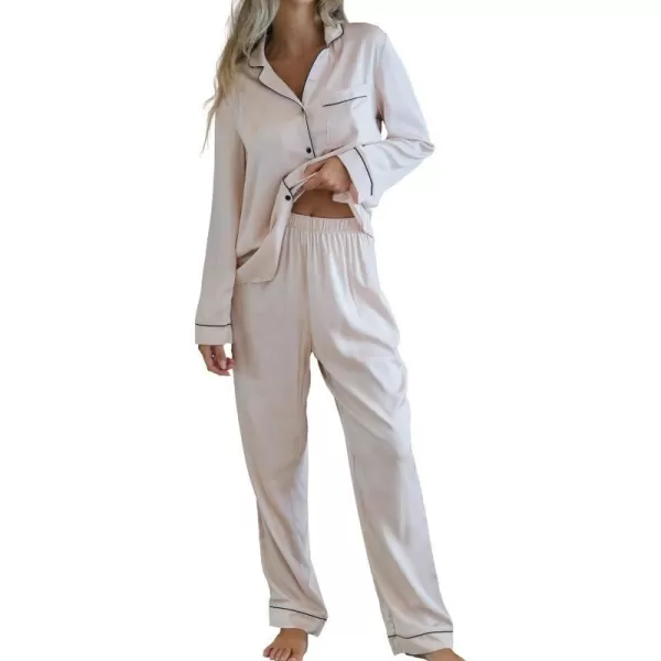 imageCUPSHE Silk Pajamas for Women Satin Sleepwear Long Sleeve Loungewear Silky Button Down Pjs SetChampagne