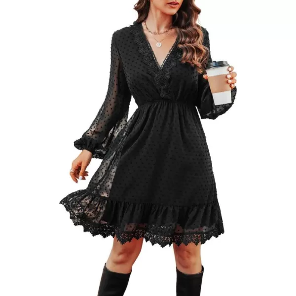 imageCUPSHE Solid Lace V Neck Aline Long Sleeve Dresses for Women Fall Empire Waist Mini DressBlack