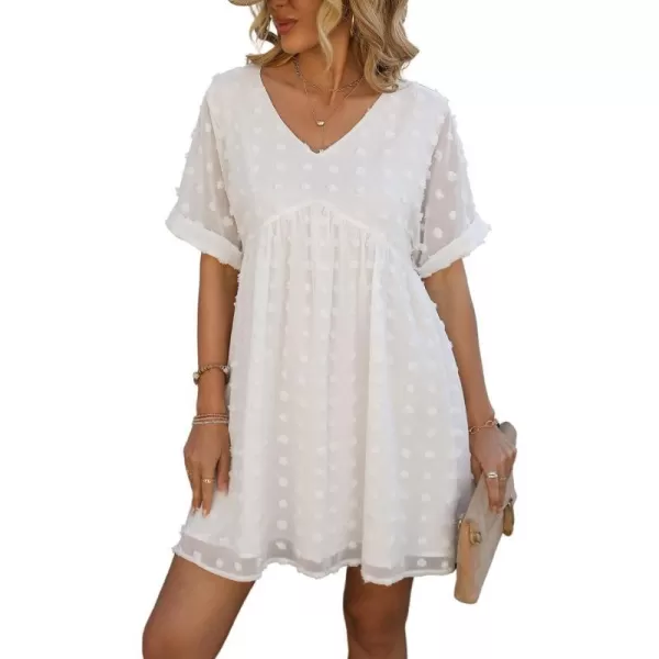 imageCUPSHE Solid V Neck Aline Short Sleeve Dresses for Women Pot Clip Dot Babydoll Mini DressWhite