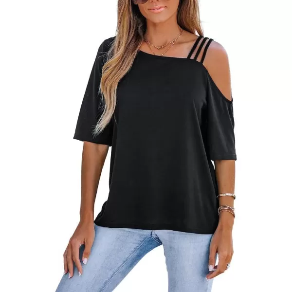 imageCUPSHE Strappy Asymmetrical Tee Shirts Short Sleeves Tops Cold Shoulder Shirt CasualBlack