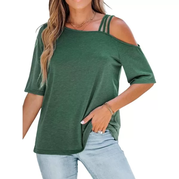 imageCUPSHE Strappy Asymmetrical Tee Shirts Short Sleeves Tops Cold Shoulder Shirt CasualGreen
