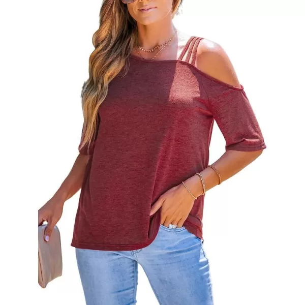 imageCUPSHE Strappy Asymmetrical Tee Shirts Short Sleeves Tops Cold Shoulder Shirt CasualRed