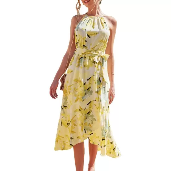 imageCUPSHE Summer Dress for Women Slip Dress Halter Neck Irregular Hem Tie Waist Floral DressYellow
