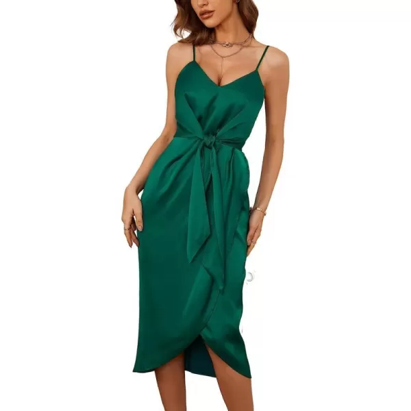 imageCUPSHE Summer Women Emerald Green Slip Satin Wrap Midi Dress V Neck Bodycon Spaghetti Strap Cocktail Party Dress Tie WaistGreen