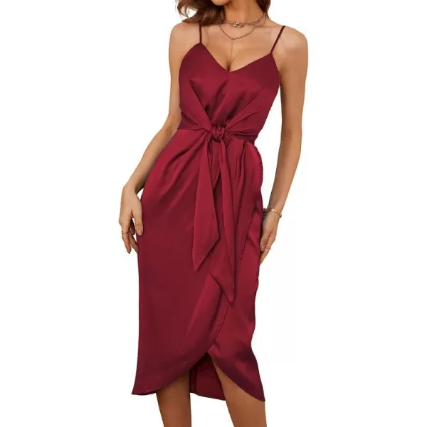 imageCUPSHE Summer Women Emerald Green Slip Satin Wrap Midi Dress V Neck Bodycon Spaghetti Strap Cocktail Party Dress Tie WaistRed