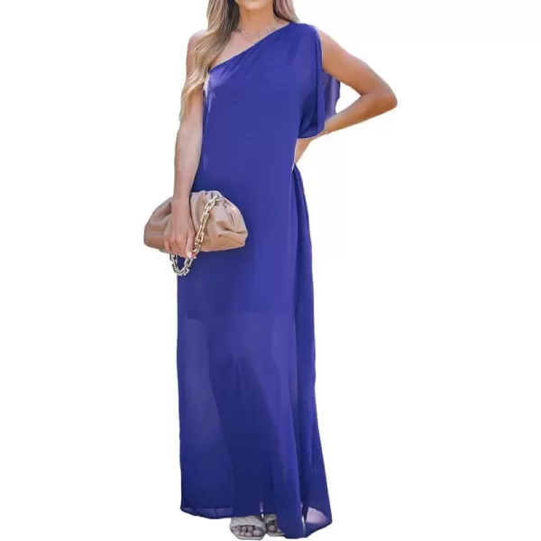 imageCUPSHE Summer Women One Shoulder Maxi Dress Loose Waist Short Sleeve Ruffle Casual Party Vacation Dress BlueBlue