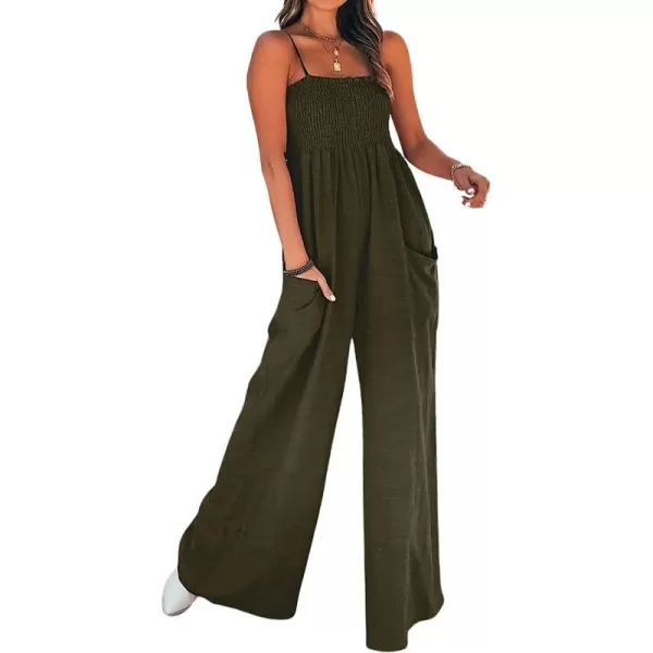 imageCUPSHE Summer Women Slip Ruching Smocked Jumpsuit Pants Square Neck Speghetti Straps Loose Waisted MaxiOlive Green