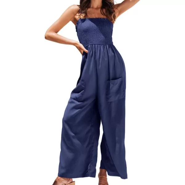 imageCUPSHE Summer Women Slip Ruching Smocked Jumpsuit Pants Square Neck Speghetti Straps Loose Waisted MaxiRoyal Blue
