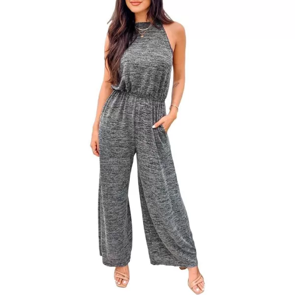 imageCUPSHE Summer Womens Halter Neck Sleeveless Long Romper Pleated Overalls Maxi Casual Jumpsuit with PocketsGrey